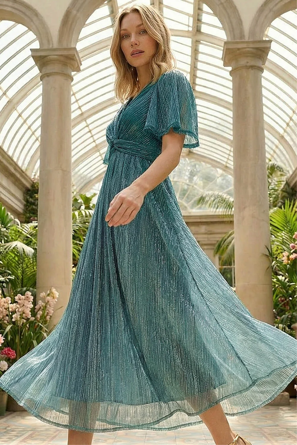 Roman Teal Ombre Plisse Midi Dress - 12 Image 2