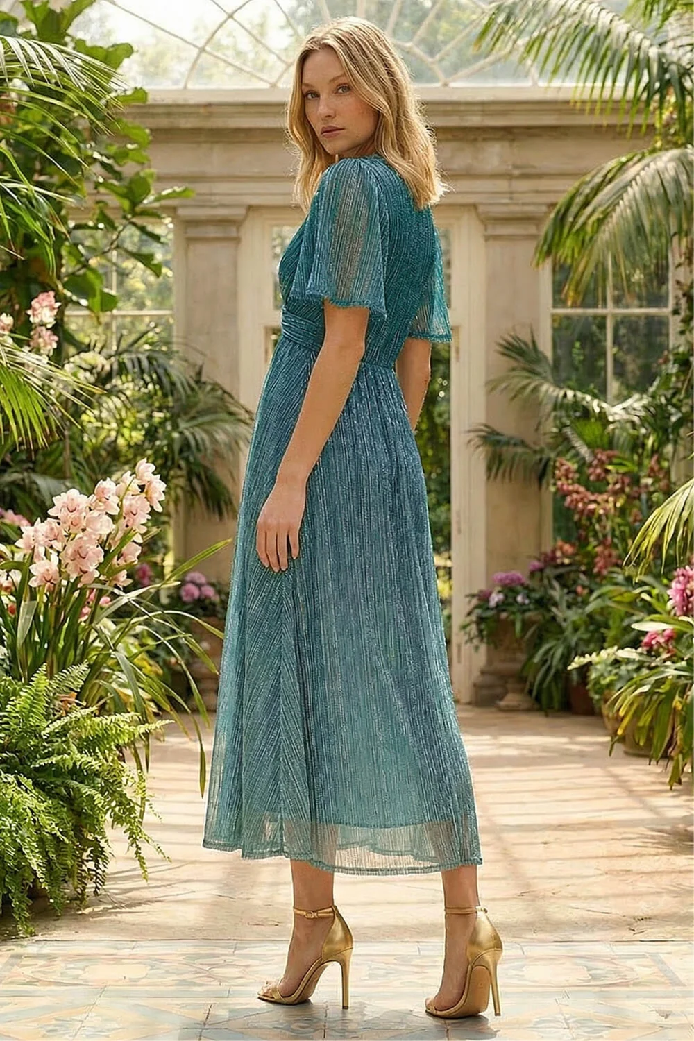 Roman Teal Ombre Plisse Midi Dress - 12 Image 3