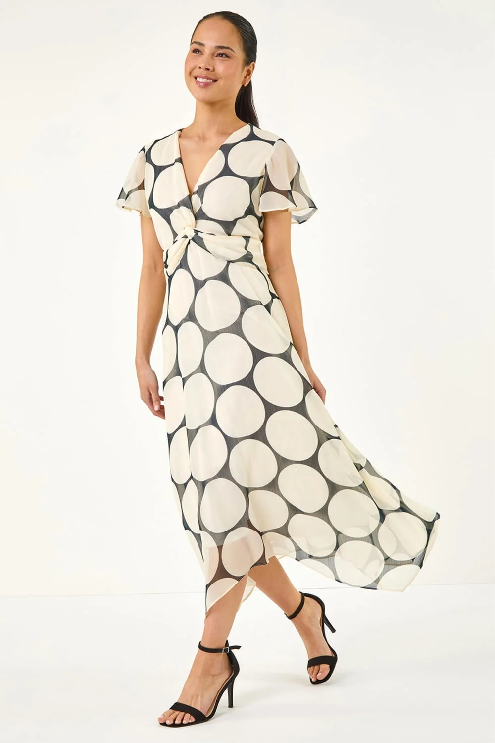Roman Black Petite Spot Print Twist Front Dress - 14 Image 1