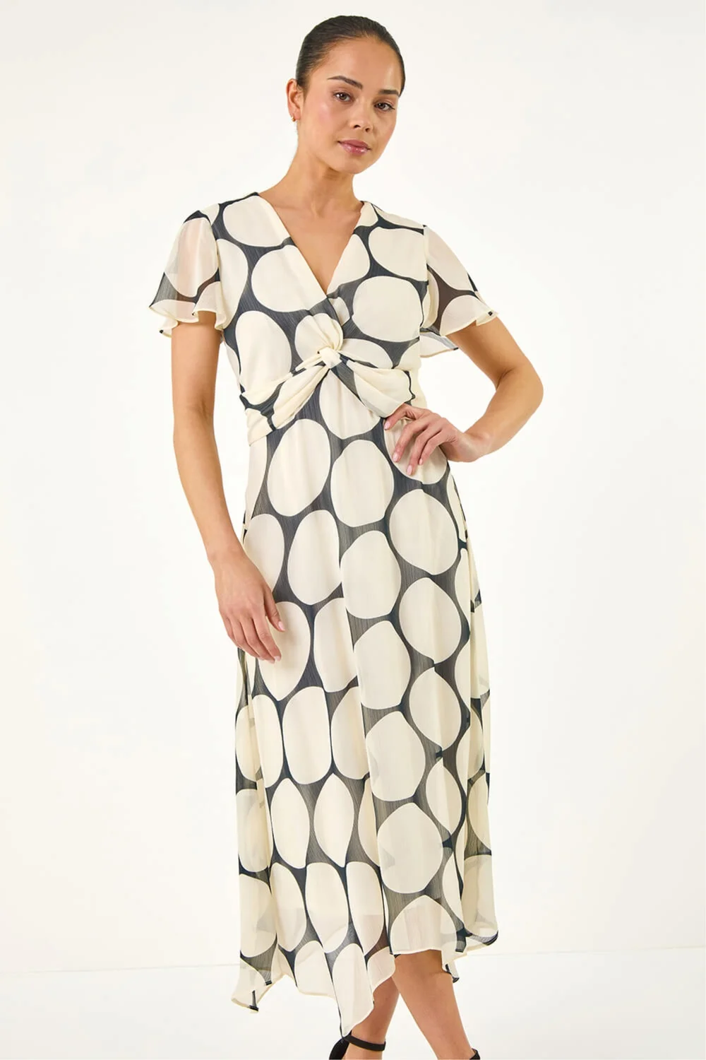 Roman Black Petite Spot Print Twist Front Dress - 14 Image 2
