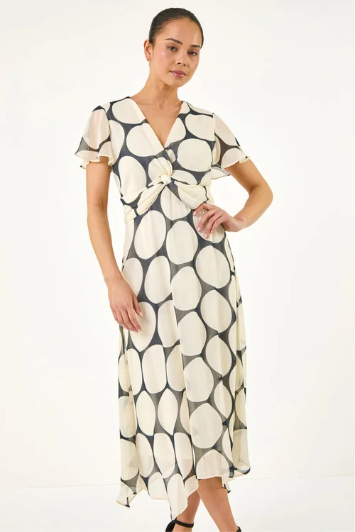 Roman Black Petite Spot Print Twist Front Dress - 14 Image 2
