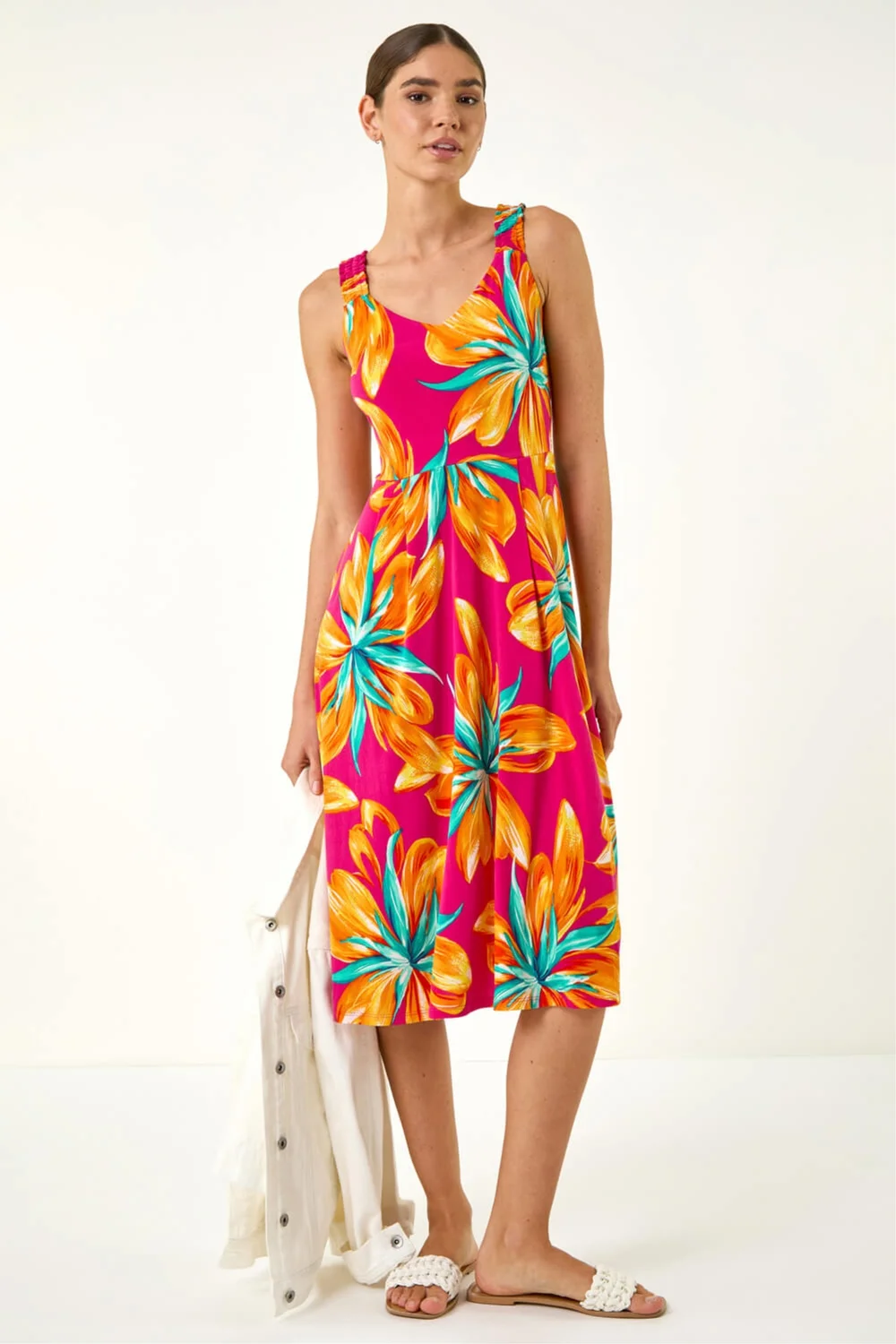 Roman Fuchsia Floral Print Shirred Back Midi Dress - 18 Image 1