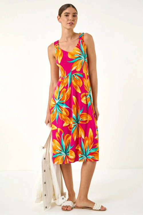 Roman Fuchsia Floral Print Shirred Back Midi Dress - 18 Image 1