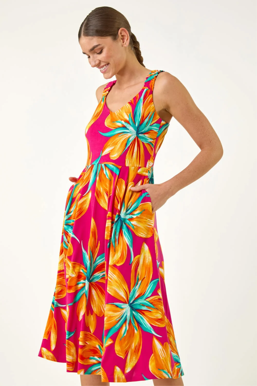 Roman Fuchsia Floral Print Shirred Back Midi Dress - 18 Image 2
