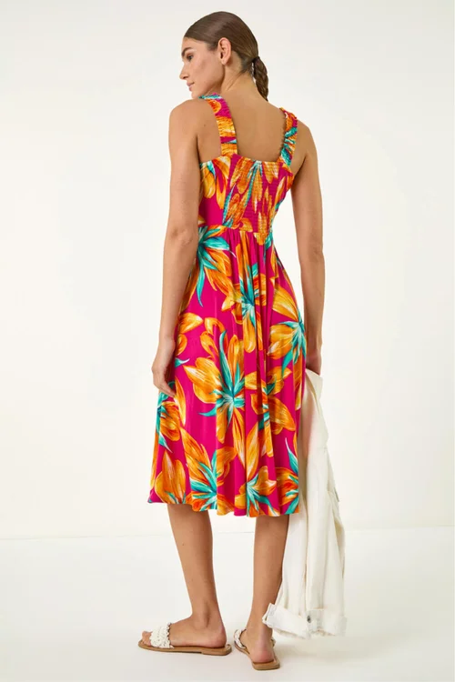 Roman Fuchsia Floral Print Shirred Back Midi Dress - 18 Image 3