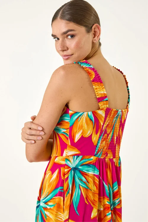 Roman Fuchsia Floral Print Shirred Back Midi Dress - 18 Image 4