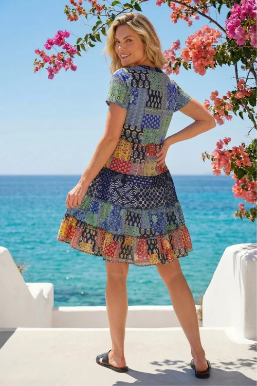Roman Blue Patchwork Print V-Neck Tiered Dress - 18 Image 3