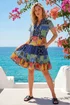 Roman Blue Patchwork Print V-Neck Tiered Dress - 18 Image 1