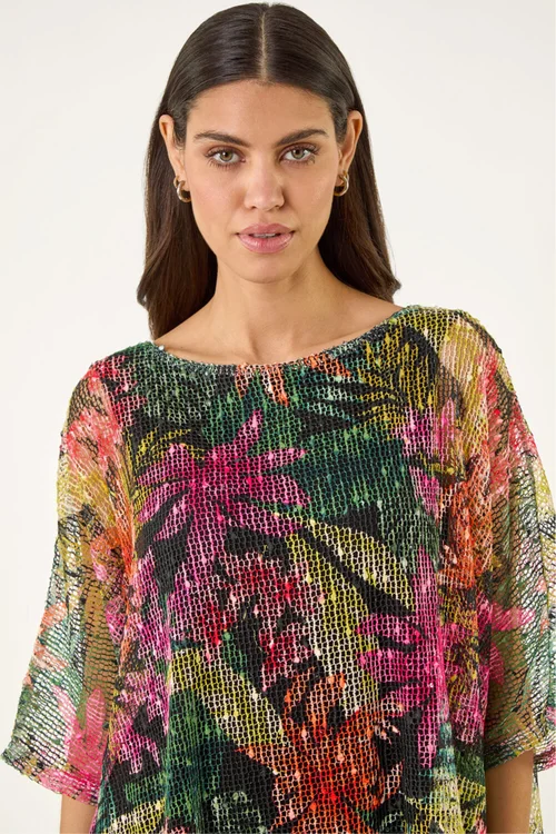 Roman Pink Floral Print Mesh Overlay Top - 20 Image 4