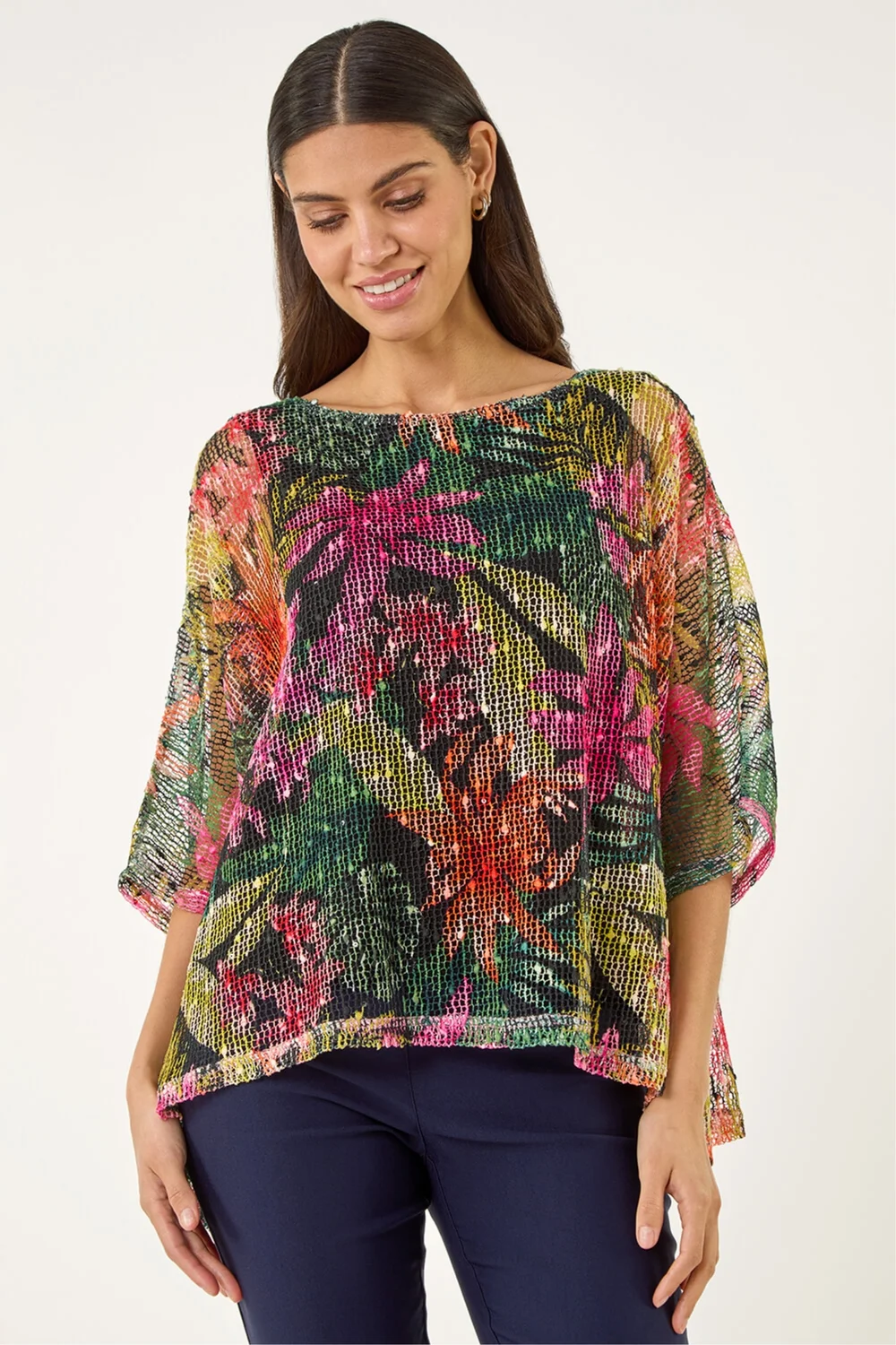 Roman Pink Floral Print Mesh Overlay Top - 20 Image 1