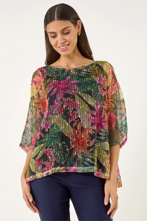 Roman Pink Floral Print Mesh Overlay Top - 20 Image 1