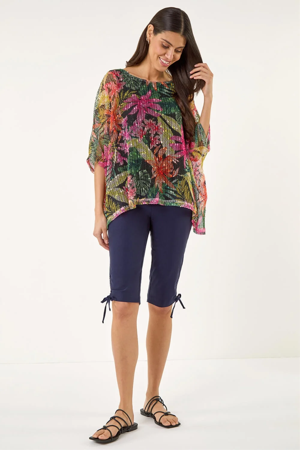 Roman Pink Floral Print Mesh Overlay Top - 20 Image 2