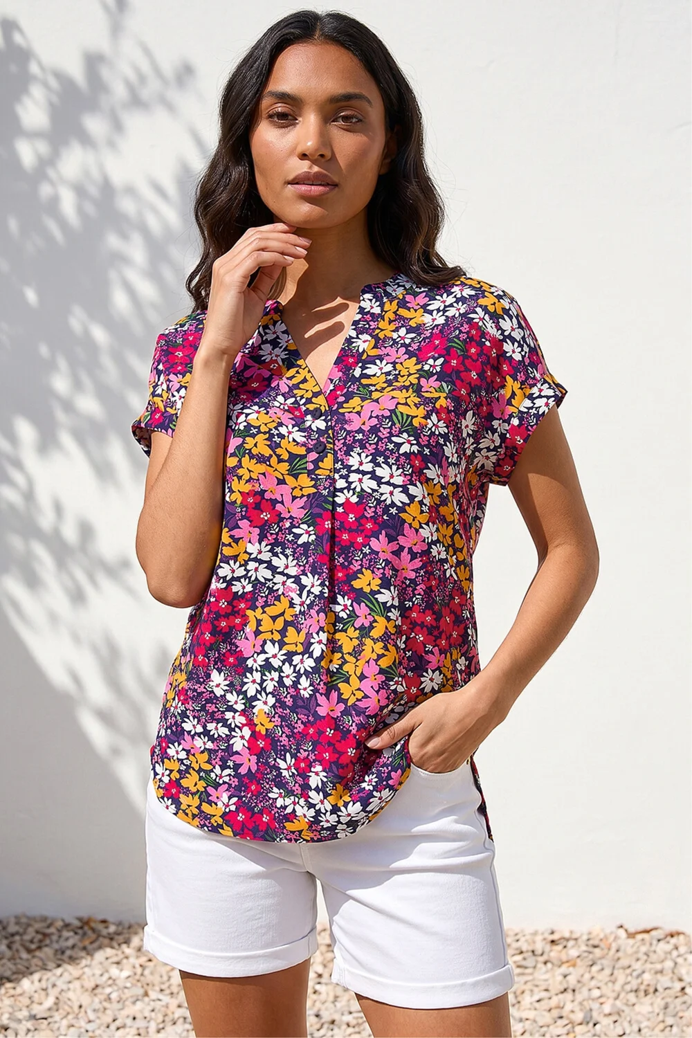 Roman Fuchsia Floral Print Stretch Shirt - 14 Image 2