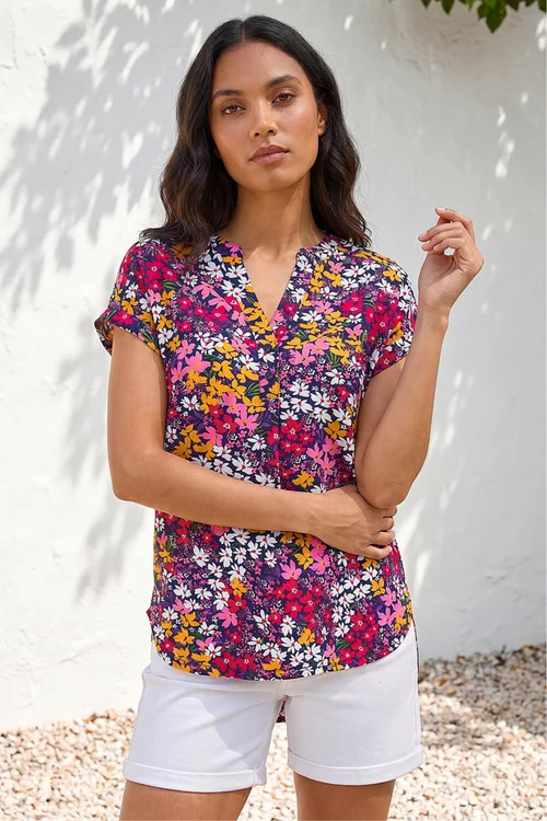 Roman Fuchsia Floral Print Stretch Shirt - 14 Image 1