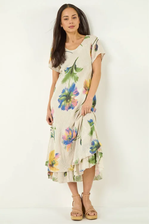 Roman Stone Petite Floral Print Layered Hem Dress - S Image 1