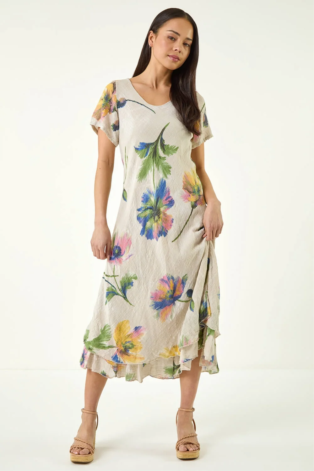 Roman Stone Petite Floral Print Layered Hem Dress - S Image 2
