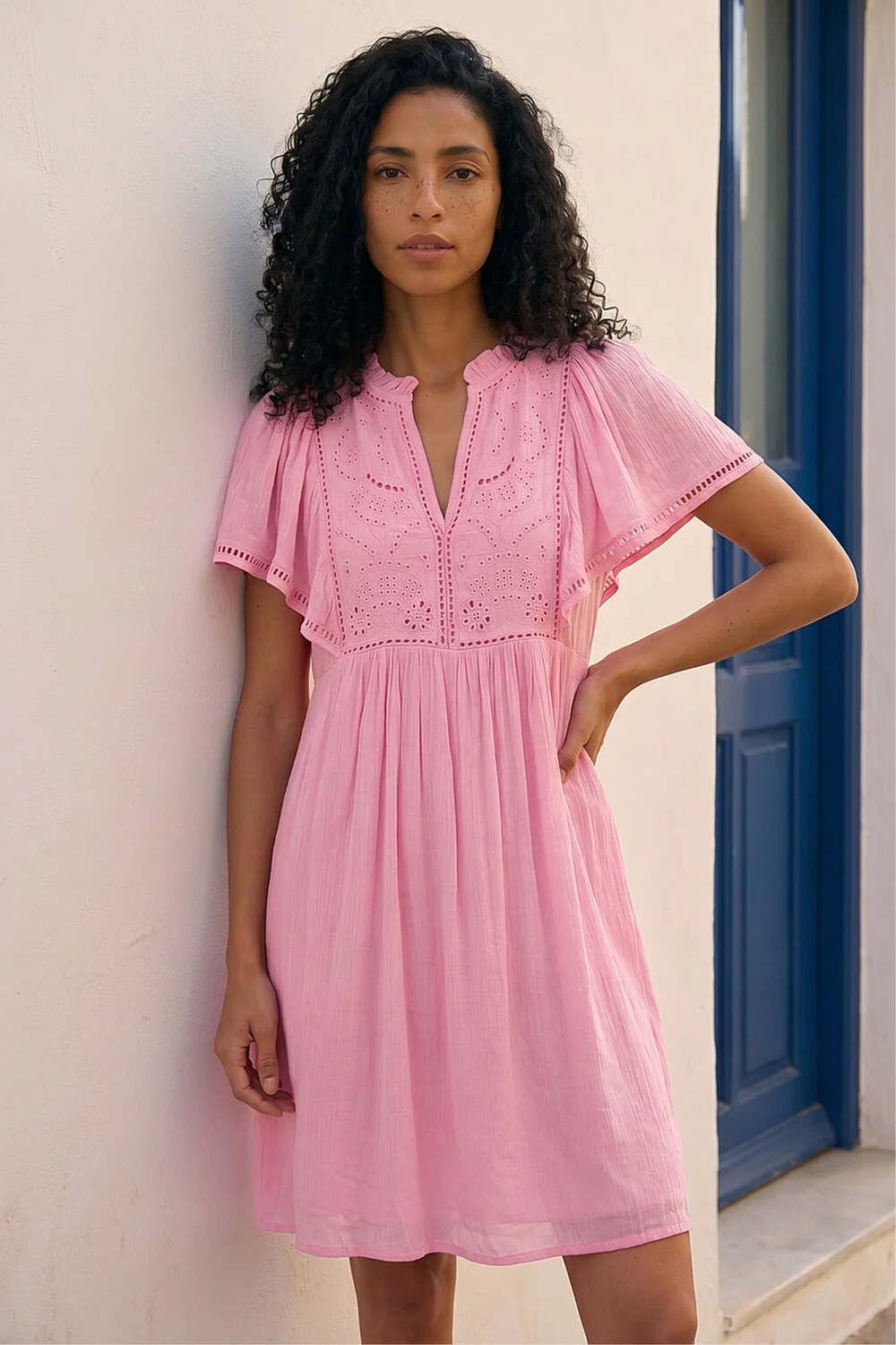 Roman Pink Embroidered V-Neck Dress - 14 Image 1