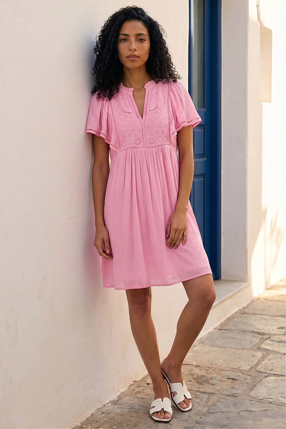 Roman Pink Embroidered V-Neck Dress - 14 Image 3