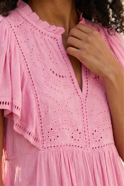 Roman Pink Embroidered V-Neck Dress - 14 Image 4