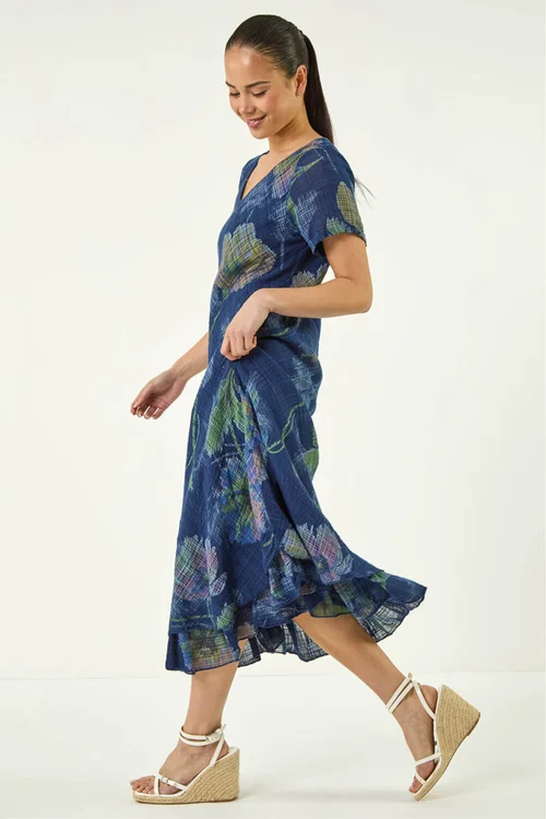 Roman Navy Petite Abstract Print Layered Hem Dress - S Image 2