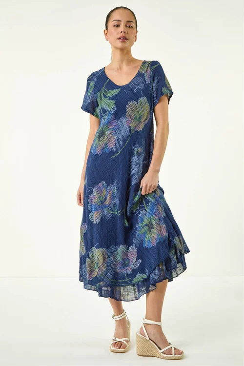 Roman Navy Petite Abstract Print Layered Hem Dress - S Image 1