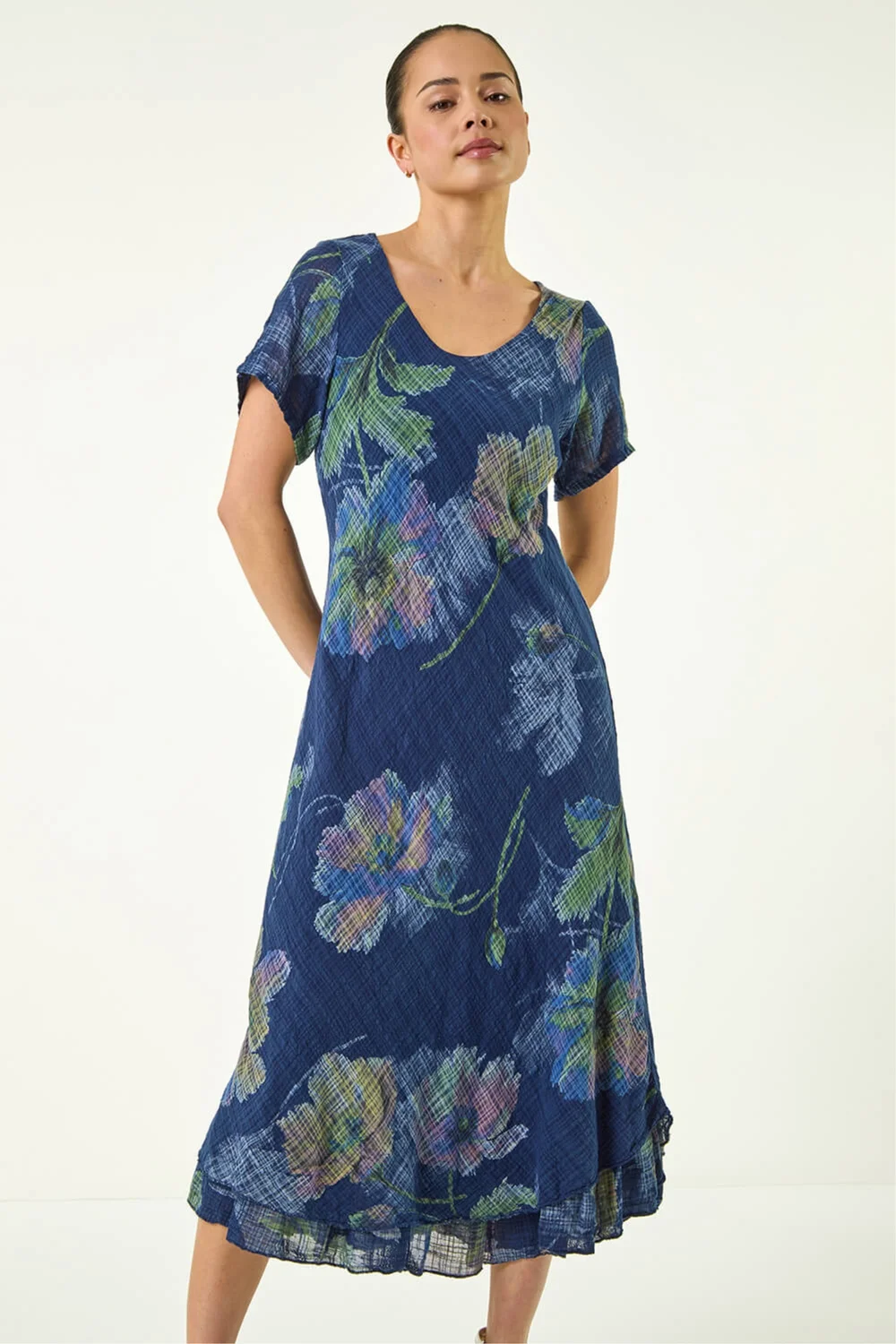 Roman Navy Petite Abstract Print Layered Hem Dress - S Image 3