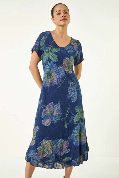 Roman Navy Petite Abstract Print Layered Hem Dress - S Image 3