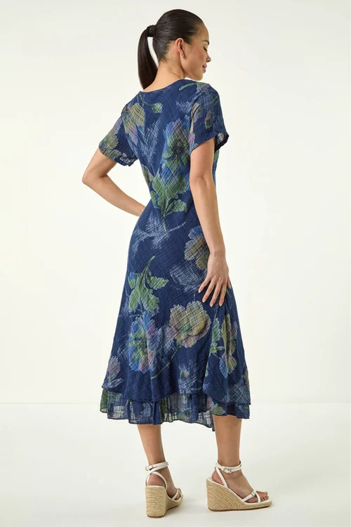 Roman Navy Petite Abstract Print Layered Hem Dress - S Image 4