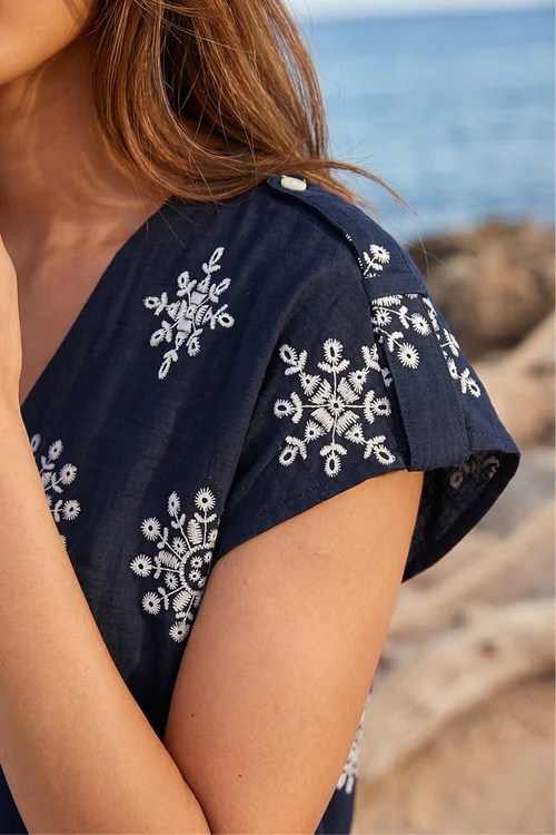 Roman Navy Embroidered V-Neck Pleat Top - 18 Image 4