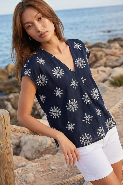 Roman Navy Embroidered V-Neck Pleat Top - 18 Image 1