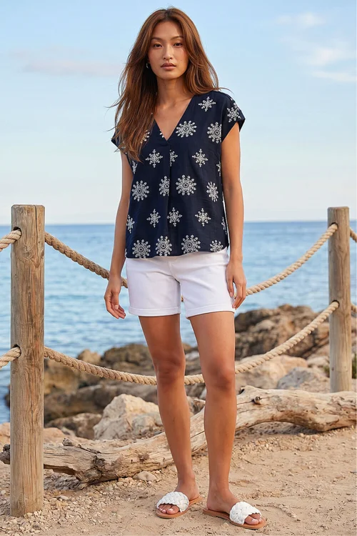 Roman Navy Embroidered V-Neck Pleat Top - 18 Image 2