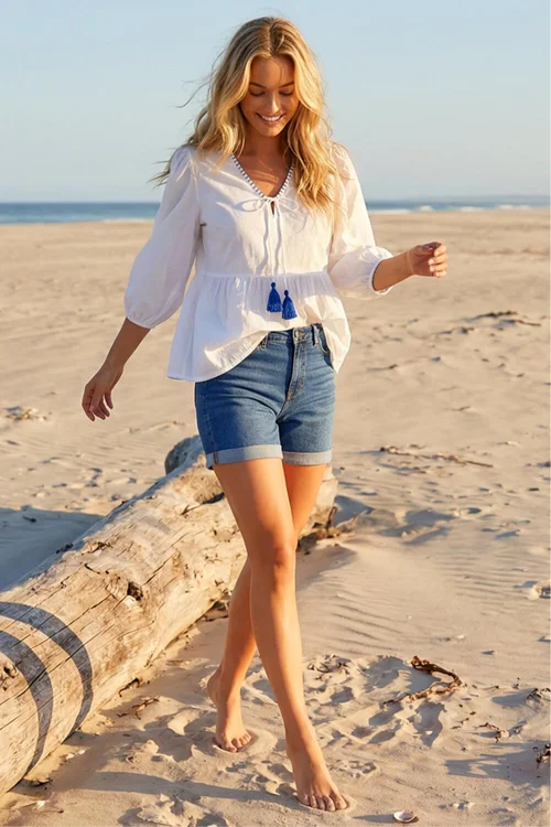Dusk Ivory Tassel Tie Front Blouse - 14 Image 2