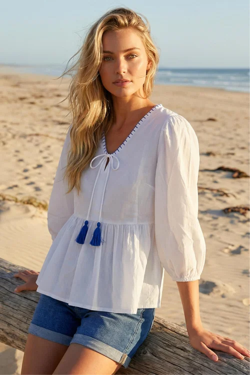 Dusk Ivory Tassel Tie Front Blouse - 14 Image 1