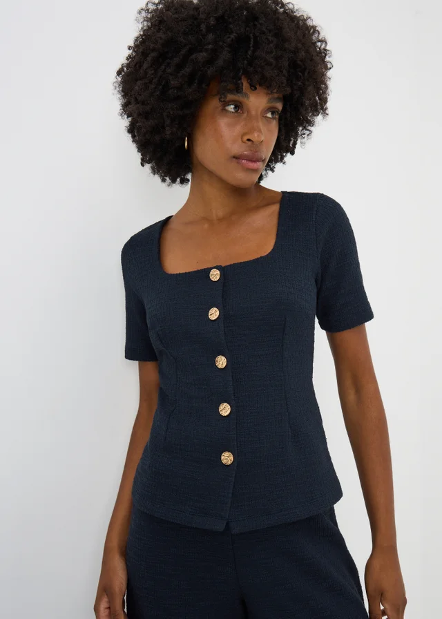 Navy Boucle Co Ord Square Neck Top