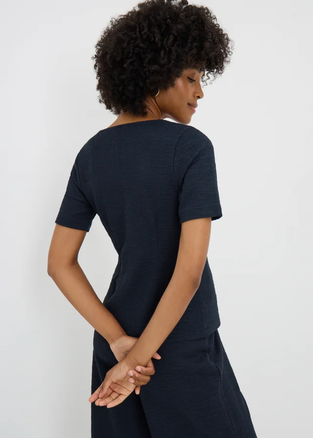 Navy Boucle Co Ord Square Neck Top