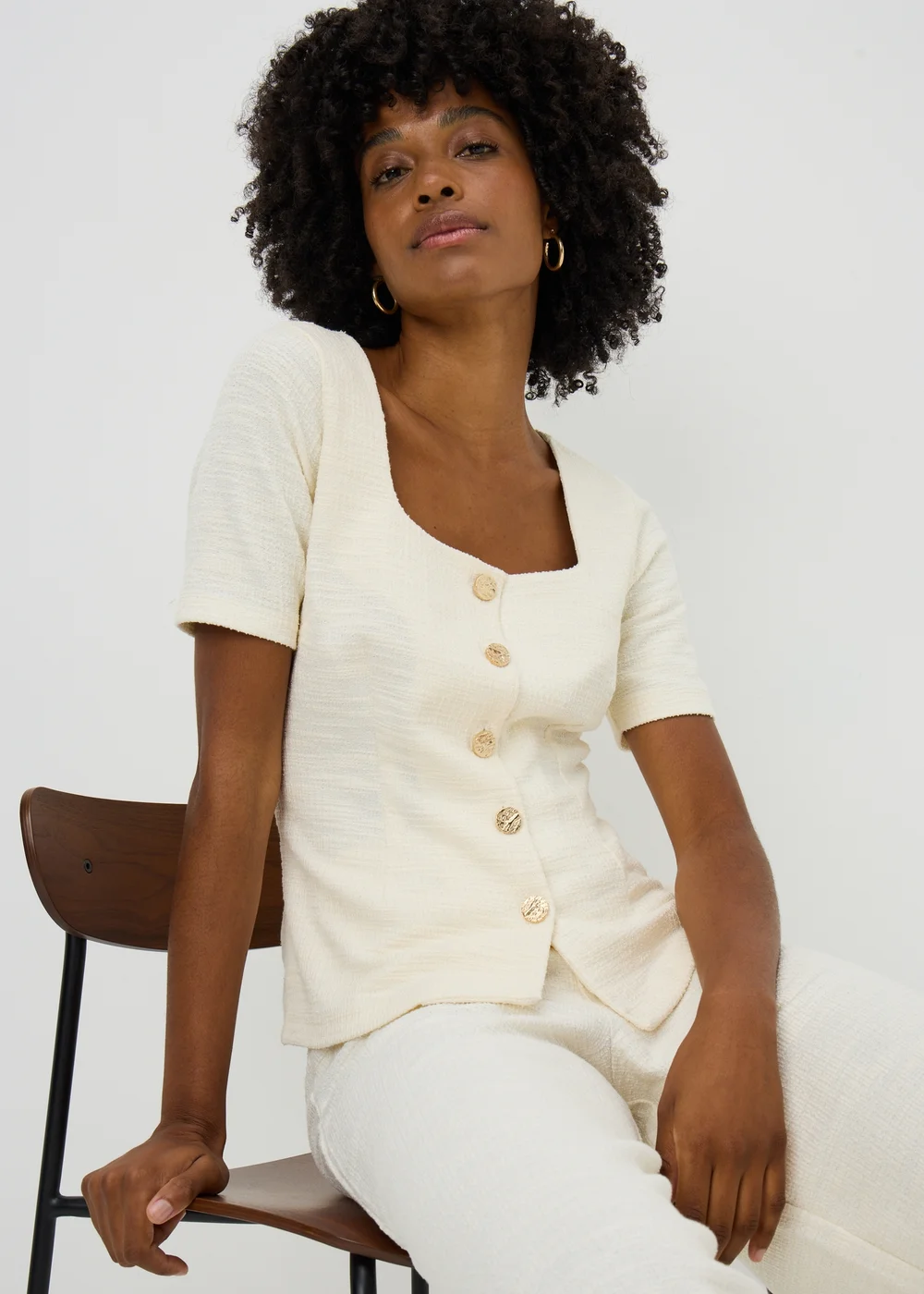 Cream Boucle Co Ord Square Neck Top - 10 Image 1
