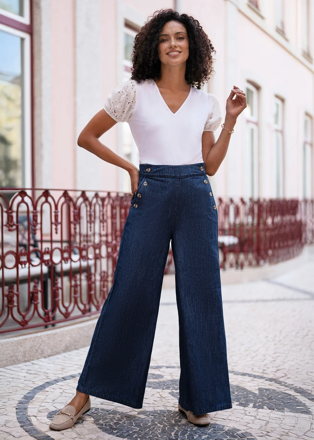 Yumi Blue Chambray Wide Leg Trousers - 14 Image 4