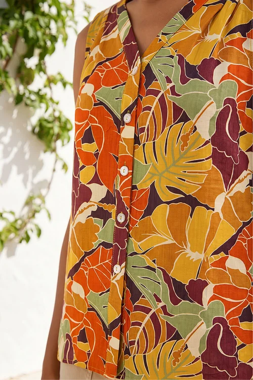 Roman Orange Leaf Print V-Neck Blouse - 16 Image 4