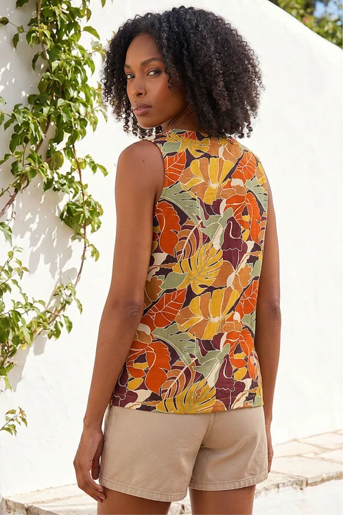 Roman Orange Leaf Print V-Neck Blouse - 16 Image 3