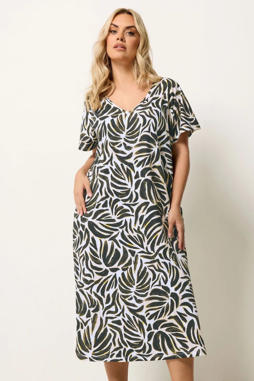 Yours Curve Natural Brown & Green Leaf Print Dress - 22-24 Image 1