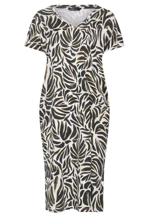 Yours Curve Natural Brown & Green Leaf Print Dress - 22-24 Image 5