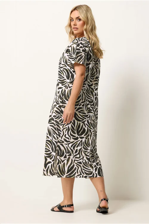 Yours Curve Natural Brown & Green Leaf Print Dress - 22-24 Image 3