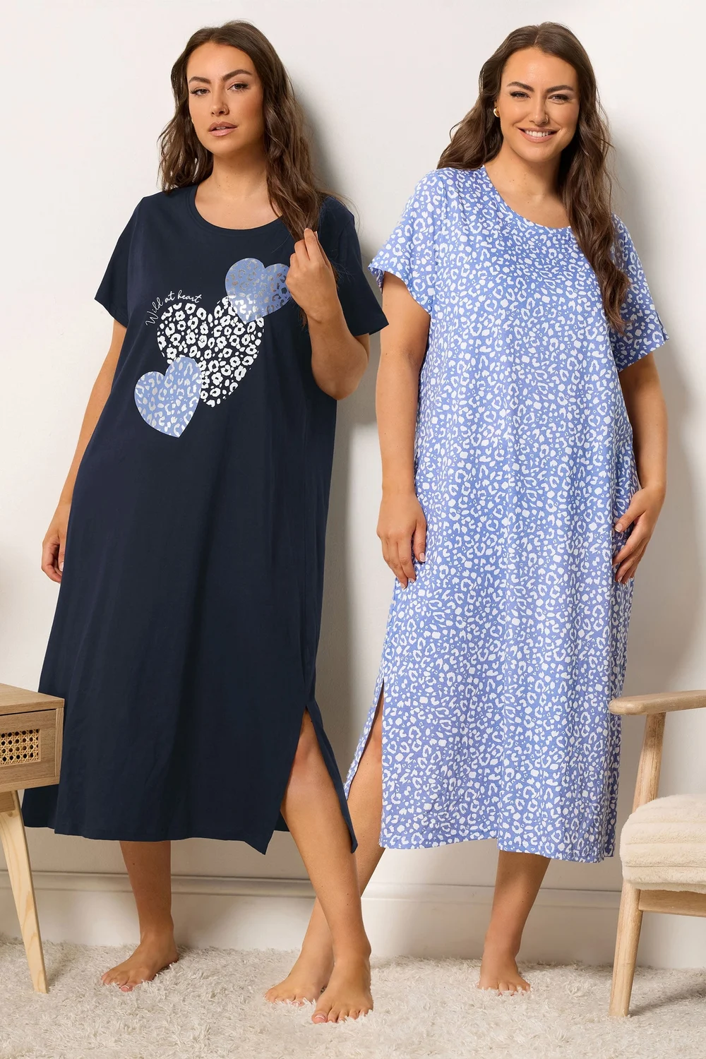 Yours Curve 2 Pack Blue Leopard Heart Midaxi Nightdresses - 14-16 Image 1