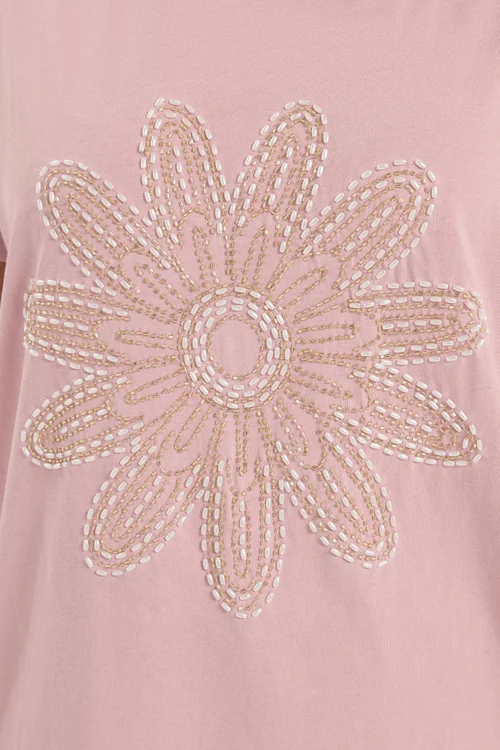 Yours Curve Pink Beaded Daisy T-Shirt - 22-24 Image 4
