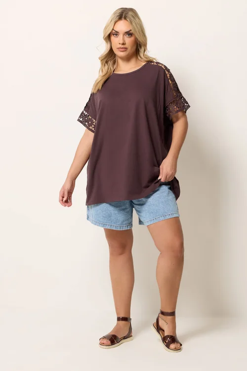 Yours Curve Chocolate Brown Crochet T-Shirt - 16 Image 2