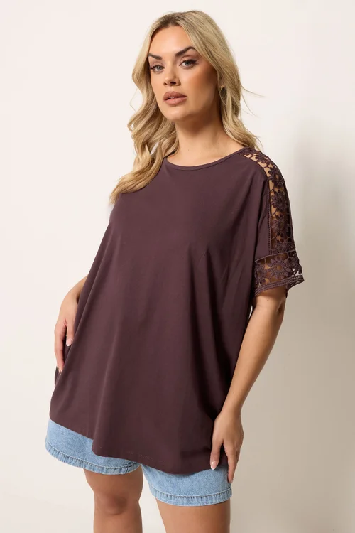 Yours Curve Chocolate Brown Crochet T-Shirt - 16 Image 1