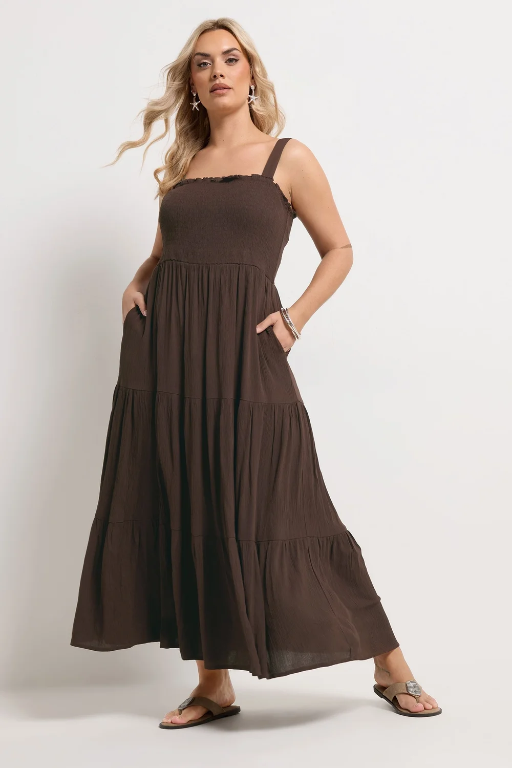 Yours Curve Chocolate Brown Shirred Maxi Dress - 16 Image 1