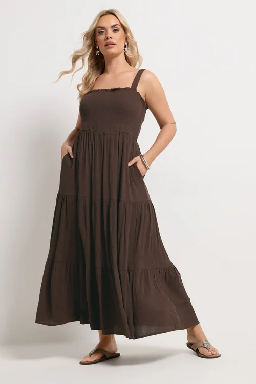 Yours Curve Chocolate Brown Shirred Maxi Dress - 16 Image 1