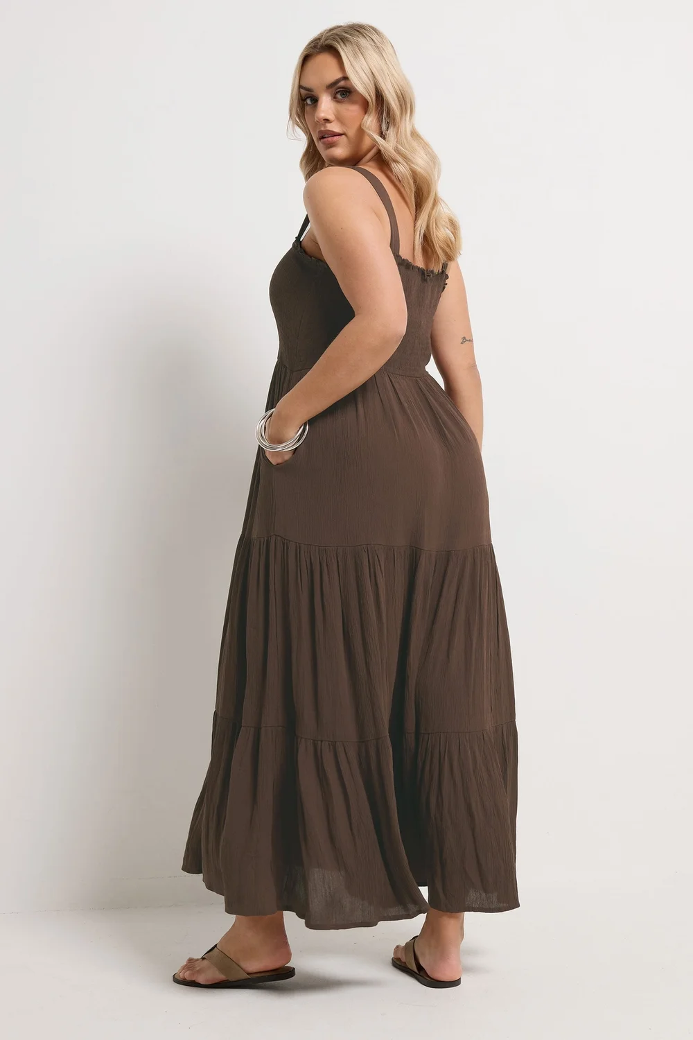 Yours Curve Chocolate Brown Shirred Maxi Dress - 16 Image 3