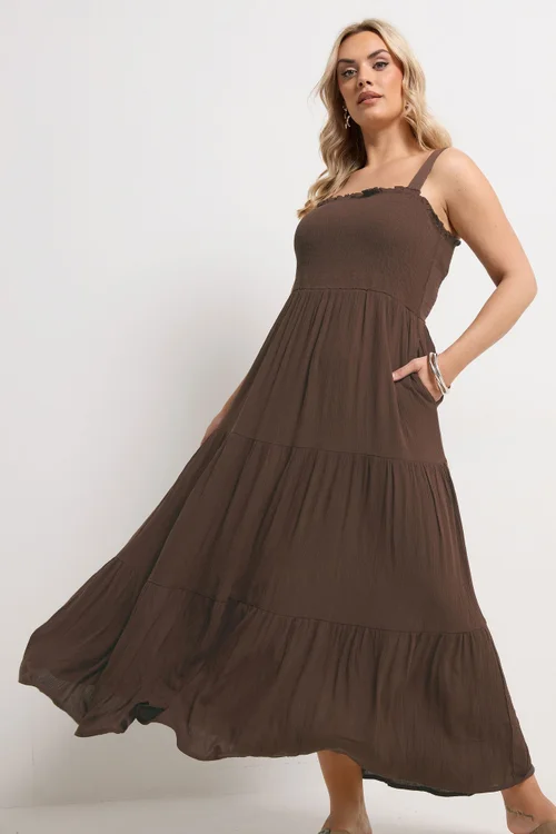 Yours Curve Chocolate Brown Shirred Maxi Dress - 16 Image 2
